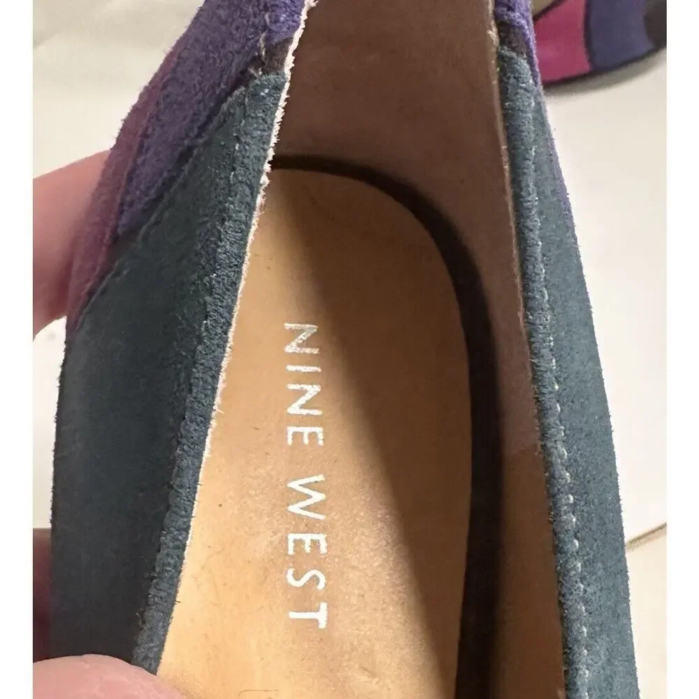 Nine West Kaspiao‎ Open Toe Suede High Heel Dopamine Patchwork Size 8M Y2K - Picture 13 of 16